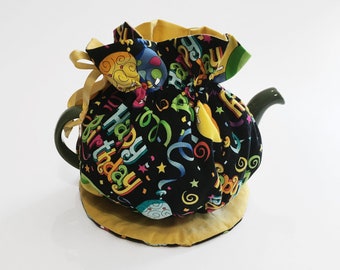 Drawstring Tea Cozy with Base Pad - Birthday Yellow - Circular Traditional English Style - Party Decorations