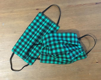 Adult-Size Face Mask - Green and Black Plaid - Two-Layer 100% Cotton Fabric - Washable, Reusable Mask
