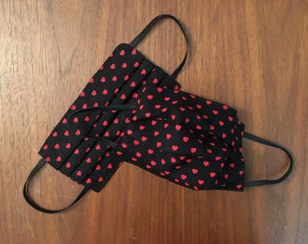 Child-Size Valentine's Day Face Mask - Red Hearts on Black Design - Two-Layer 100% Cotton Fabric - Washable, Reusable Mask