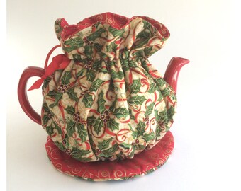 Handmade Red Christmas Holly Print Fabric Tea Cozy Lined and Padded Cosy