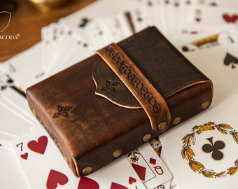 Leather case for Tarot, Lenormand, playing cards, poker, bridge, strap closure, 65mm