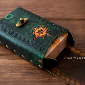 Tarot leather case, leather box/holder, oracle cards case, angel cards, sun symbol, dark green, 80mm