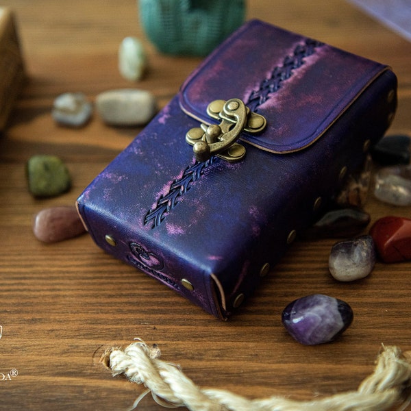 Tarot leather case, leather box/holder, oracle cards case, angel cards, purple, 85mm