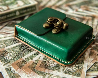 Leather case for Tarot, Lenormand, playing cards, poker, bridge, wet moulded, green, 65mm
