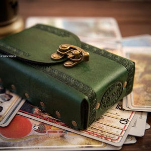 Tarot leather case, leather box/holder, oracle cards case, angel cards, green, 75mm