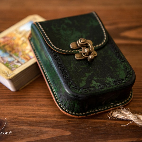 Tarot leather case, leather box/holder, oracle cards case, angel cards, wet moulded, round corners, dark green, 90mm