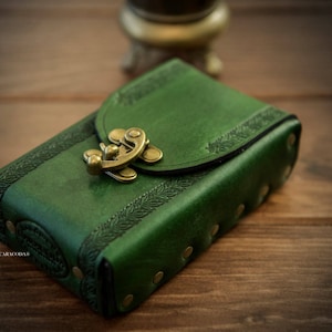 Tarot leather case, leather box/holder, oracle cards case, angel cards, green, 80mm