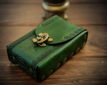 Tarot leather case, leather box/holder, oracle cards case, angel cards, green, 80mm