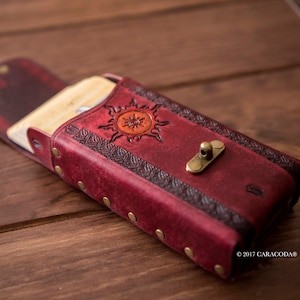 Tarot leather case, leather box/holder, oracle cards case, angel cards, sun symbol, dark red, 75mm
