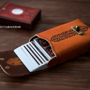 Lederetui für Tarot, Lenormand, Spielkarten, Poker, Bridge, orange, 65 mm
