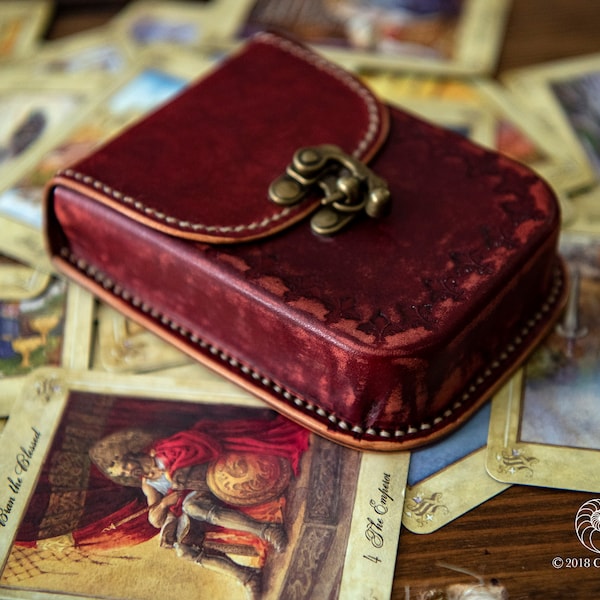 Tarot leather case, leather box/holder, oracle cards case, angel cards, wet moulded, round corners, dark red, 90mm
