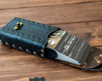 Tarot leather case, leather box/holder, oracle cards case, angel cards, dark blue, 70mm