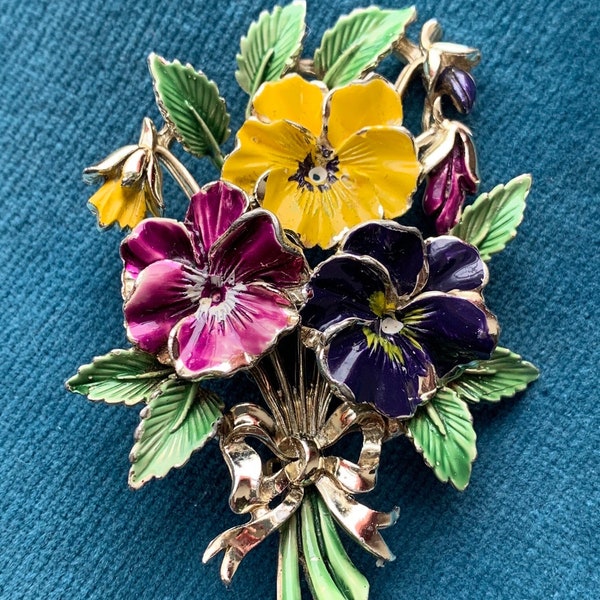 Vintage 1950s Exquisite Pansy Bouquet Brooch Enamelled May Birthday Blue Purple Yellow Blooms Signed Mid Century Costume Jewellery Jewelry