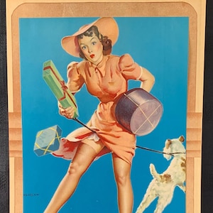 May include: A vintage calendar featuring a pin-up girl in a pink dress and hat, holding a gift box and a bucket, with a small dog running beside her. The calendar is for January 1953 and shows the days of the week and the dates.