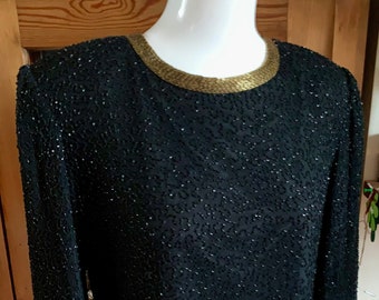 Vintage Leslie Fay Beaded Cocktail Evening Top 100% Silk Black & Gold 1980s Glamour US Size L