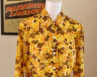 Groovy 1970s Vintage Blouse Yellow Brown Orange Flowers Barrymore Collar Size Large Film Theatrical Use