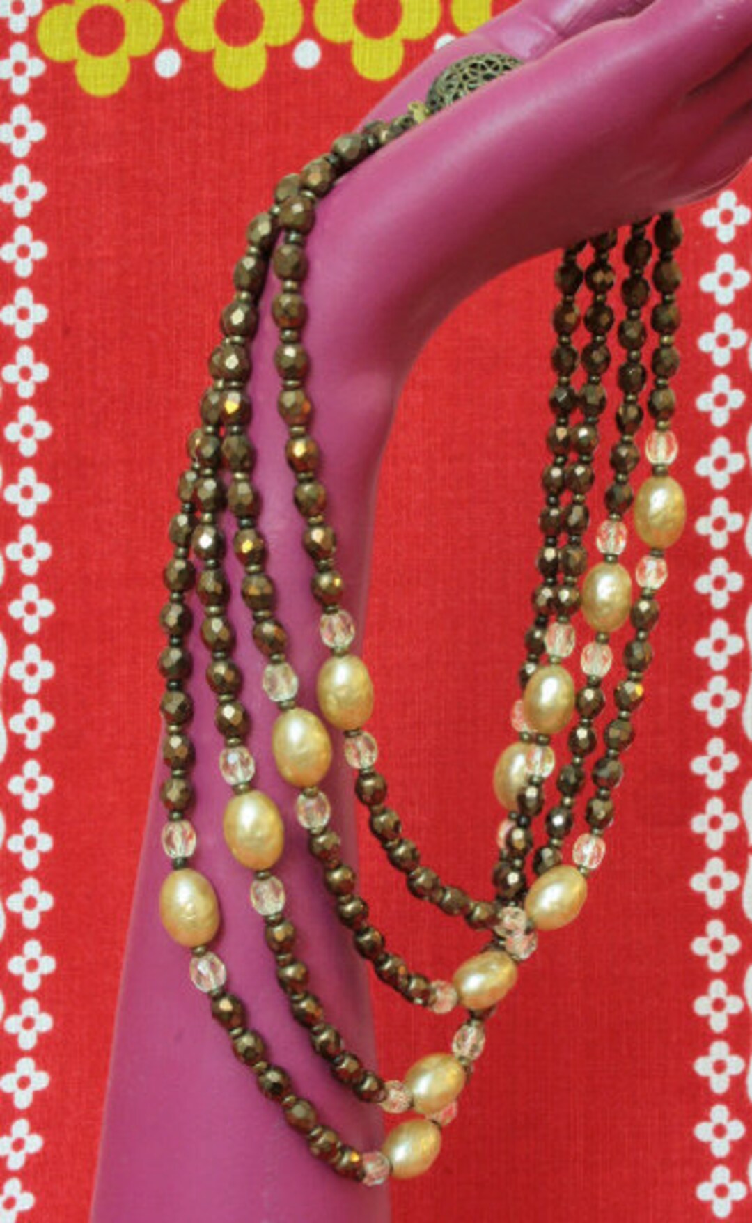 Collier Vintage Années 50 - Laiton Et Verre Orange - Forme Branchue Irrégulière