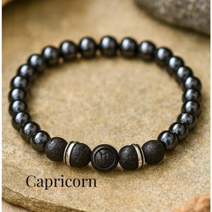 Capricorn Zodiac Bracelet, Hematite Lava Rock Diffuser, Grounding Spiritual Protection Jewelry, December January Birthday Gift