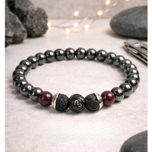 Capricorn Zodiac Bracelet, Garnet Hematite Lava Rock Diffuser, December January Birthstone Jewelry Gift