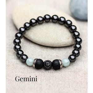 Gemini Zodiac Bracelet, Aquamarine Hematite Lava Rock Diffuser, Grounding Spiritual Protection Jewelry, May June Birthstone Gift