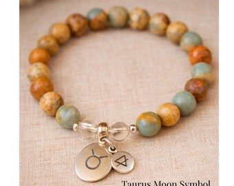 Taurus Zodiac Bracelet, Aqua Terra Jasper, Crystal Quartz, April May Birthday Jewelry Gift