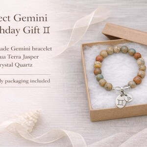 Gemini bracelet for women gift in kraft box with white cotton batting, Aqua Terra Jasper and crystal quartz zodiac bracelet, gift ready Gemini birthday gift for her