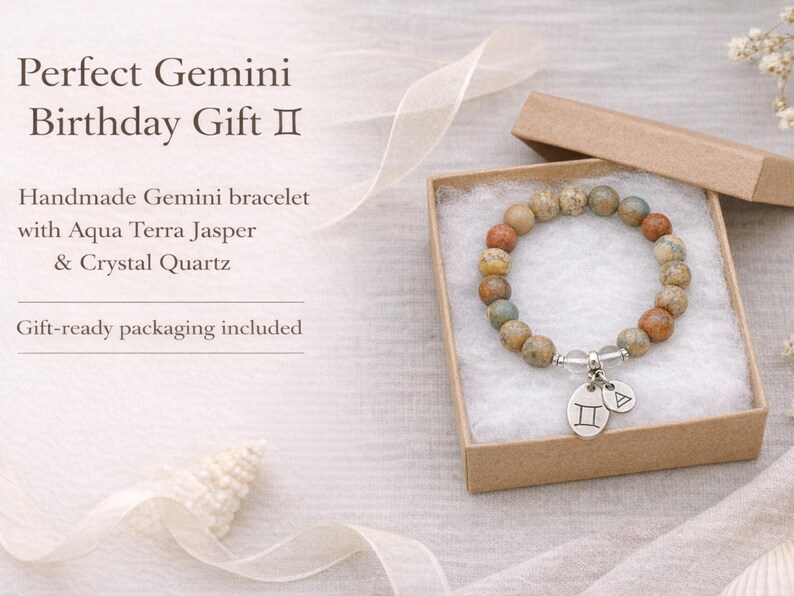 Gemini bracelet for women gift in kraft box with white cotton batting, Aqua Terra Jasper and crystal quartz zodiac bracelet, gift ready Gemini birthday gift for her