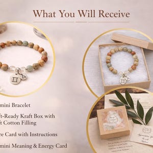 Gemini bracelet gift set for women showing what is included with bracelet, kraft gift box, care card, and Gemini meaning card, Aqua Terra Jasper and crystal quartz zodiac jewelry