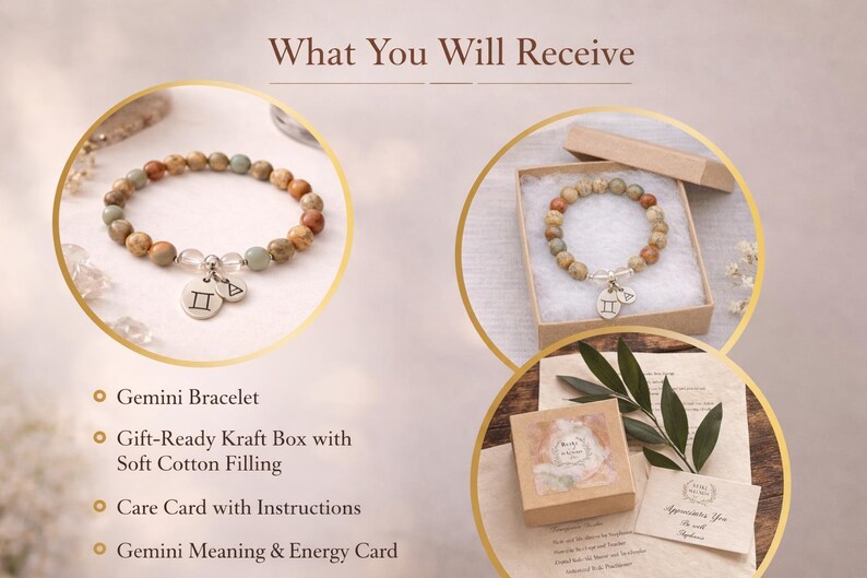 Gemini bracelet gift set for women showing what is included with bracelet, kraft gift box, care card, and Gemini meaning card, Aqua Terra Jasper and crystal quartz zodiac jewelry