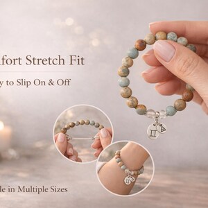 Gemini bracelet for women with stretch cord showing comfort stretch fit, easy to slip on and off, Aqua Terra Jasper and crystal quartz beaded zodiac bracelet