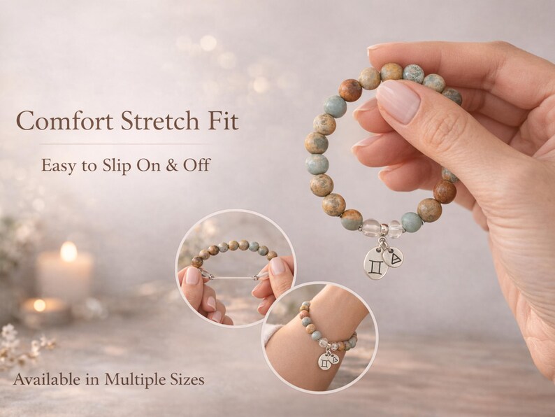 Gemini bracelet for women with stretch cord showing comfort stretch fit, easy to slip on and off, Aqua Terra Jasper and crystal quartz beaded zodiac bracelet