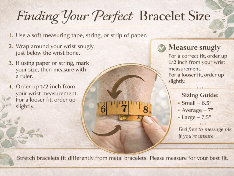 bracelet size guide for women showing how to measure wrist for stretch bracelet fit, Gemini bracelet sizing chart with small medium large options for comfortable fit