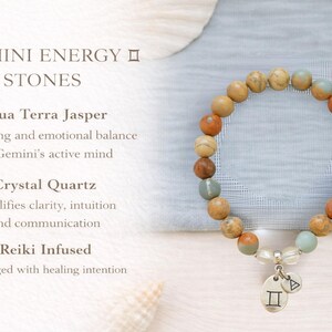 Gemini bracelet for women with Aqua Terra Jasper and crystal quartz, gemstone meaning jewelry showing grounding, emotional balance, clarity and communication, Reiki infused zodiac bracelet