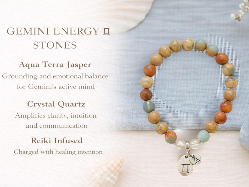 Gemini bracelet for women with Aqua Terra Jasper and crystal quartz, gemstone meaning jewelry showing grounding, emotional balance, clarity and communication, Reiki infused zodiac bracelet