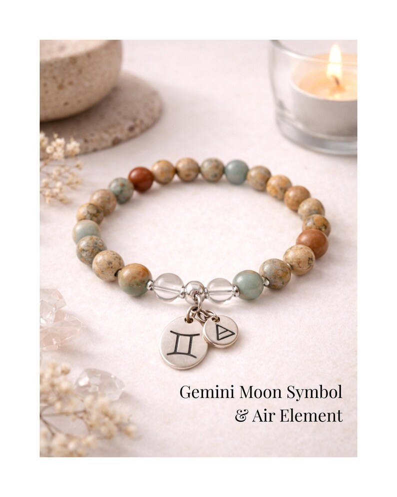 Gemini bracelet for women with Aqua Terra Jasper and crystal quartz, featuring Gemini moon symbol and air element charms, zodiac jewelry gift for her.