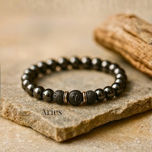 Aries Bracelet for Men, Hematite Lava Rock Diffuser Bracelet, Zodiac Aries Jewelry Gift for Him