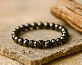 Aries Zodiac Bracelet, Hematite Lava Rock Diffuser, Grounding Spiritual Protection Jewelry, March April Birth Month Gift