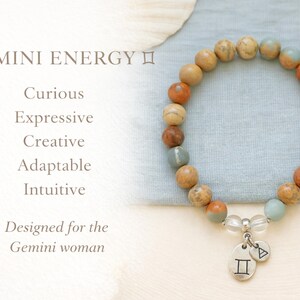 Gemini bracelet for women representing Gemini energy traits like curious, expressive, creative, and intuitive, Aqua Terra Jasper and crystal quartz zodiac jewelry designed for the Gemini woman