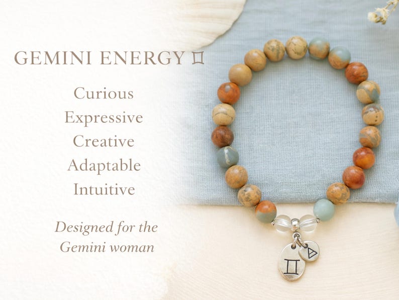 Gemini bracelet for women representing Gemini energy traits like curious, expressive, creative, and intuitive, Aqua Terra Jasper and crystal quartz zodiac jewelry designed for the Gemini woman