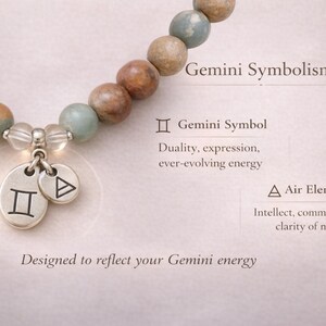 Gemini bracelet for women showing Gemini symbol and air element charm meaning, zodiac jewelry with Aqua Terra Jasper and crystal quartz for clarity, communication, and balance