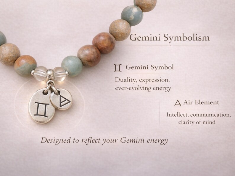 Gemini bracelet for women showing Gemini symbol and air element charm meaning, zodiac jewelry with Aqua Terra Jasper and crystal quartz for clarity, communication, and balance