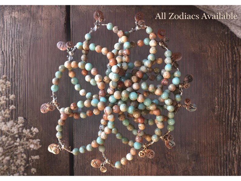 zodiac bracelet collection for women featuring all 12 signs with Aqua Terra Jasper and crystal quartz, astrology jewelry gift options including Gemini bracelet