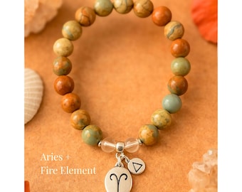 Aries Bracelet for Women, Zodiac Jewelry, Aqua Terra Jasper and Crystal Quartz Beaded Bracelet, Grounding Spiritual Gift, Boho Aries Gift