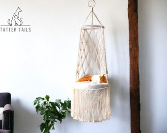 Handmade Macrame Cat Hammock Basket | Hanging Cotton Hammock for Flowers, Fruits | Boho Cat Accessories | Boho Hammock Basket | Macrame