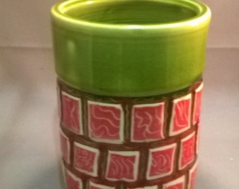 Tall cylinder carved and painted green vase