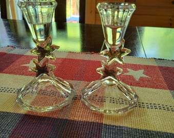 Vintage Clear Crystal Candlestick Holders with Gold Star Detail | Set of 2