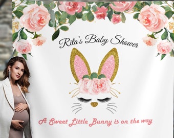 Bunny Baby Shower Backdrop Bunny Ears Shower Decor Easter Bunny Rabbit Banner A new bunny Photo Booth Little Bunny Party Decor Pink Floral