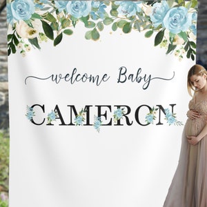 Baby Shower Backdrop Banner Boy Floral Baby Shower Decorations New Baby Boy Photo Booth Banner Custom Name Backdrop It’s a Boy 01BAS55