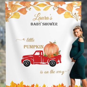Autumn Leaves Baby Shower Backdrop Pumpkin Truck Photo Booth Backdrop A little pumpkin is on the way Boy Baby Shower Fall Decorations
