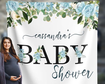 Baby Shower Backdrop Custom Blue Floral Baby Boy Shower Decorations Photo Booth Backdrop Boy Shower Ideas Welcome Baby Name Banner  01BAS29